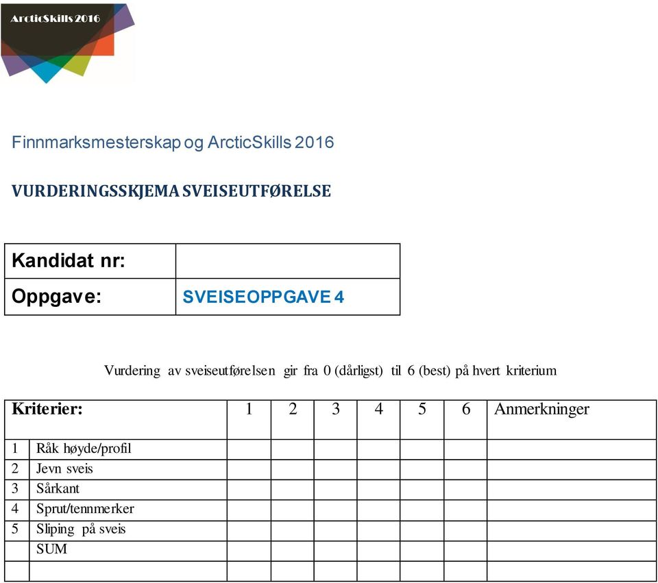 til 6 (best) på hvert kriterium Kriterier: 1 2 3 5 6 Anmerkninger 1 Råk