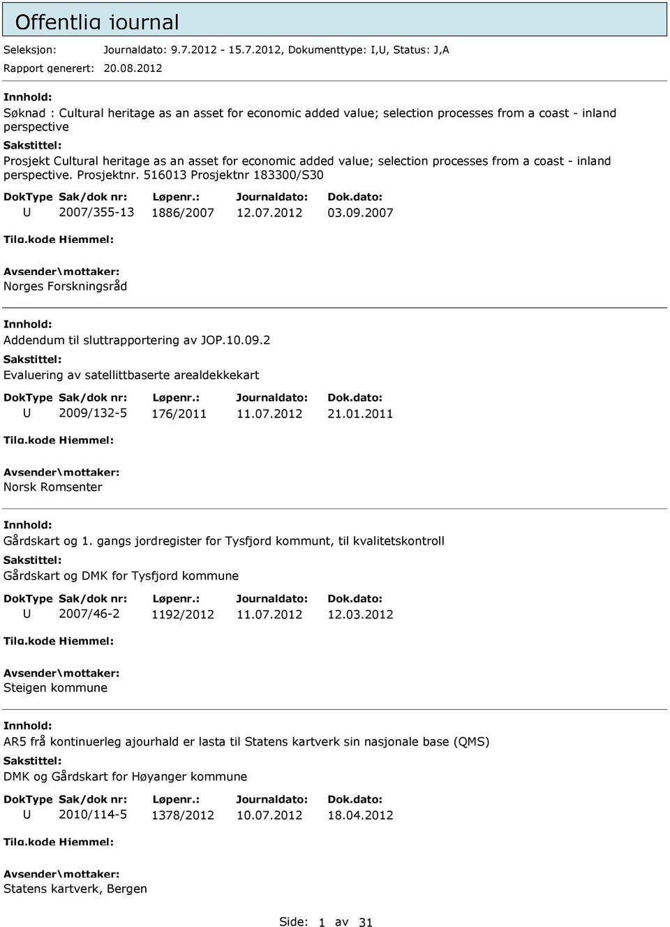 processes from a coast - inland perspective. Prosjektnr. 516013 Prosjektnr 183300/S30 2007/355-13 1886/2007 03.09.2007 Norges Forskningsråd ddendum til sluttrapportering av JOP.10.09.2 Evaluering av satellittbaserte arealdekkekart 2009/132-5 176/2011 21.