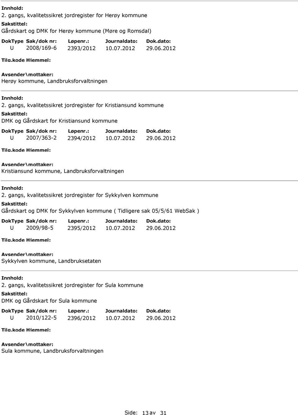 gangs, kvalitetssikret jordregister for Sykkylven kommune Gårdskart og DMK for Sykkylven kommune ( Tidligere sak 05/5/61 WebSak ) 2009/98-5 2395/2012 Sykkylven kommune,