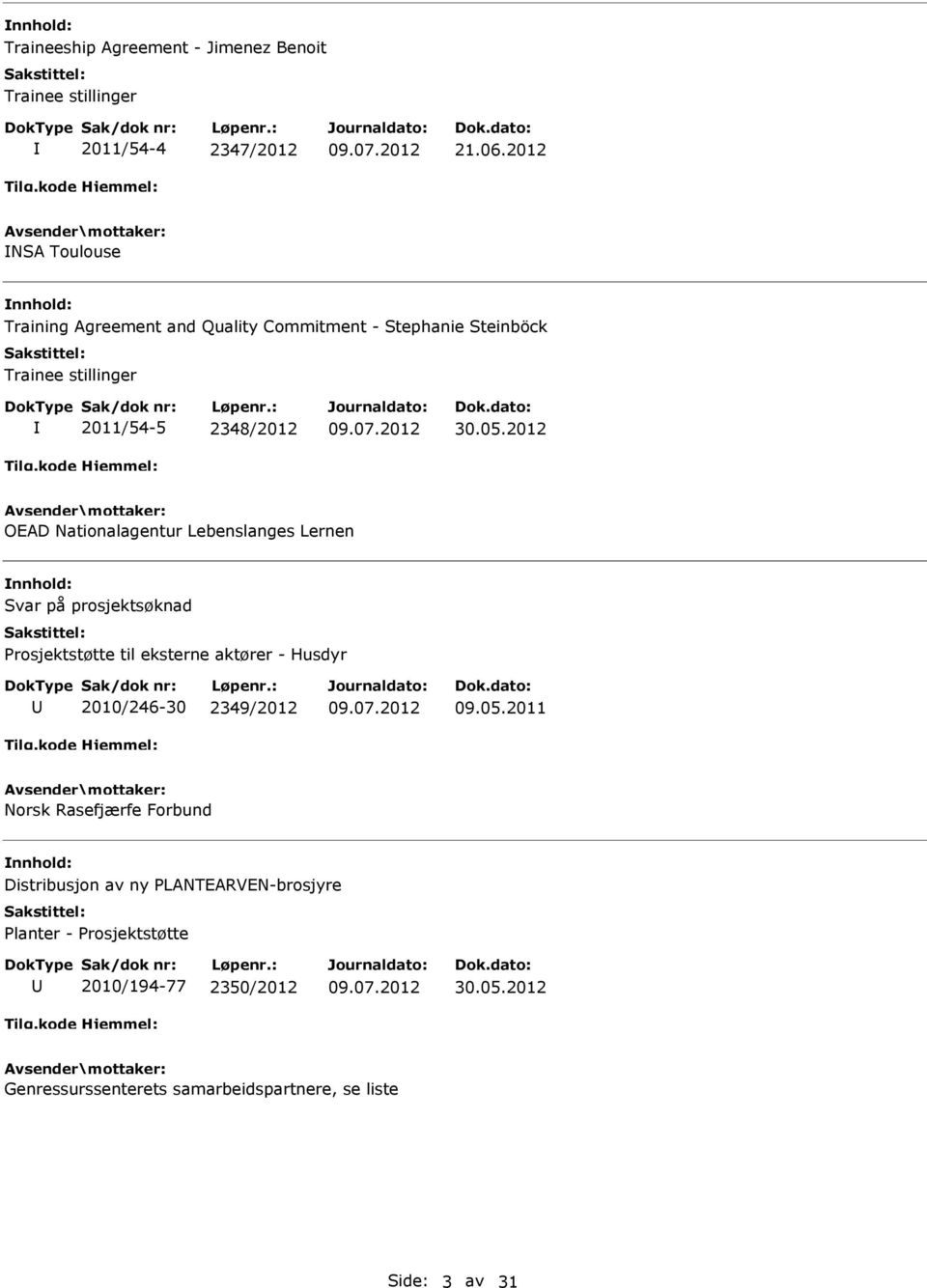 2012 OED Nationalagentur Lebenslanges Lernen Svar på prosjektsøknad Prosjektstøtte til eksterne aktører - Husdyr 2010/246-30 2349/2012