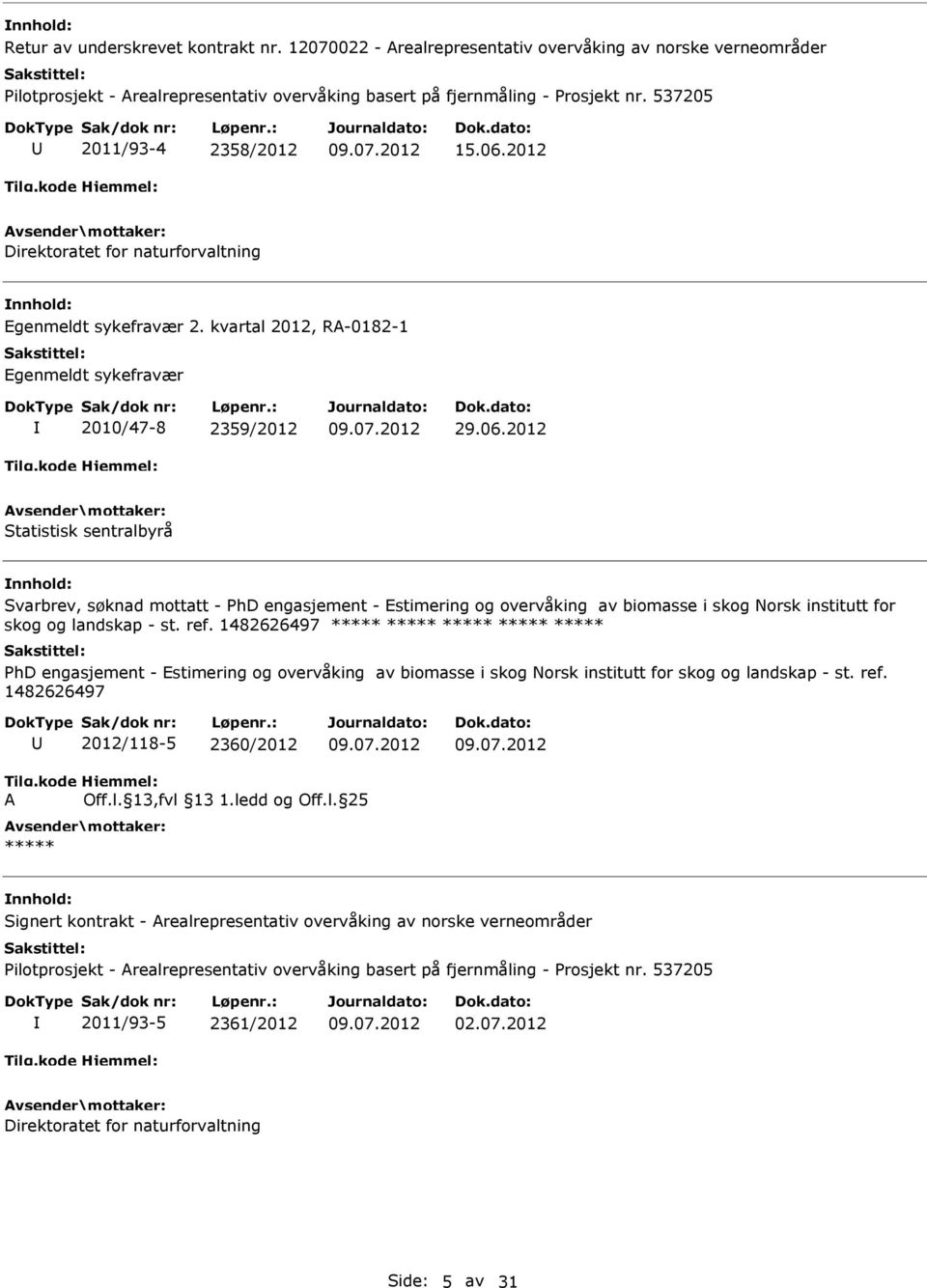 kvartal 2012, R-0182-1 Egenmeldt sykefravær 2010/47-8 2359/2012 Statistisk sentralbyrå Svarbrev, søknad mottatt - PhD engasjement - Estimering og overvåking av biomasse i skog Norsk institutt for