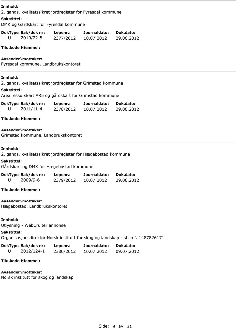 Landbrukskontoret 2. gangs, kvalitetssikret jordregister for Hægebostad kommune Gårdskart og DMK for Hægebostad kommune 2009/9-6 2379/2012 Hægebostad.