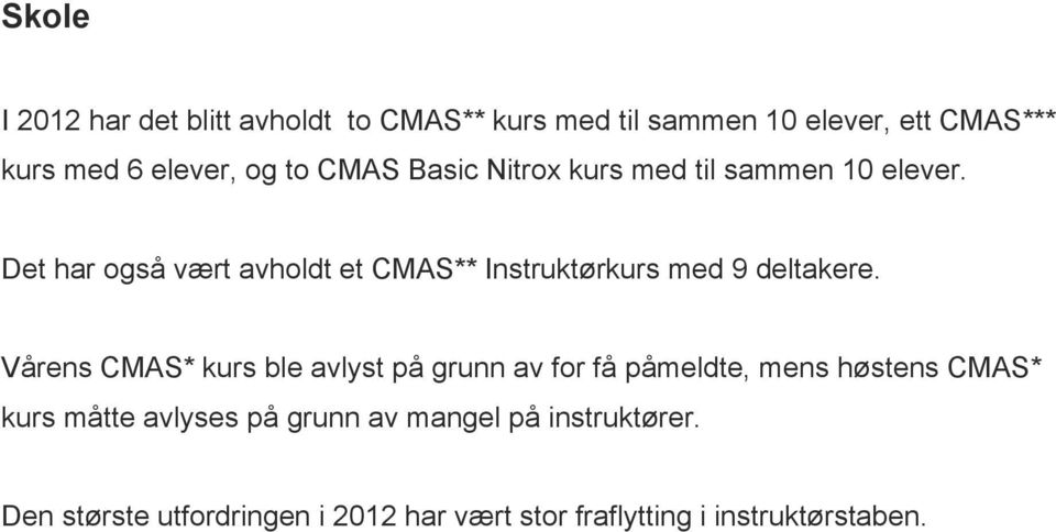 Det har også vært avholdt et CMAS** Instruktørkurs med 9 deltakere.