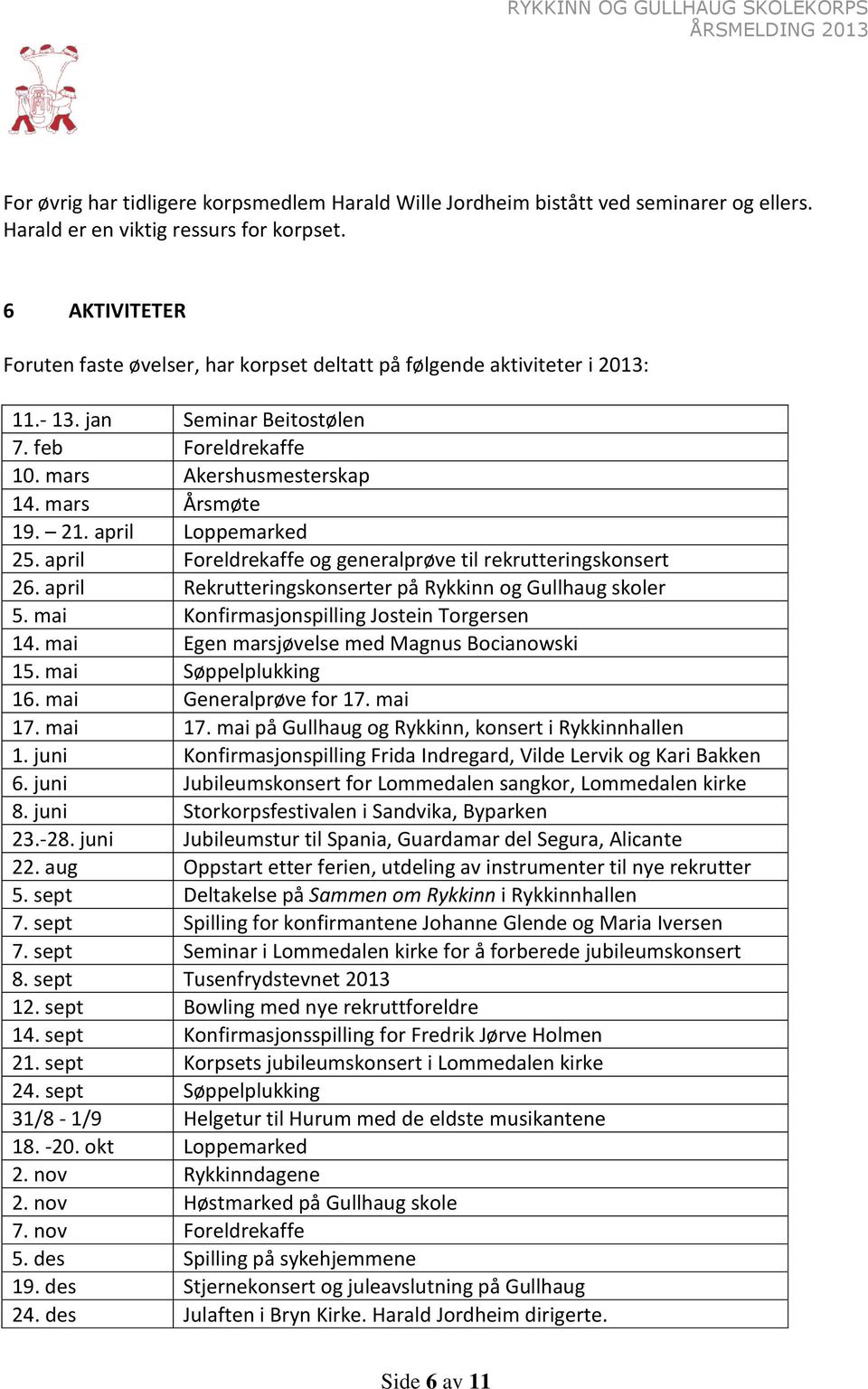 april Loppemarked 25. april Foreldrekaffe og generalprøve til rekrutteringskonsert 26. april Rekrutteringskonserter på Rykkinn og Gullhaug skoler 5. mai Konfirmasjonspilling Jostein Torgersen 14.