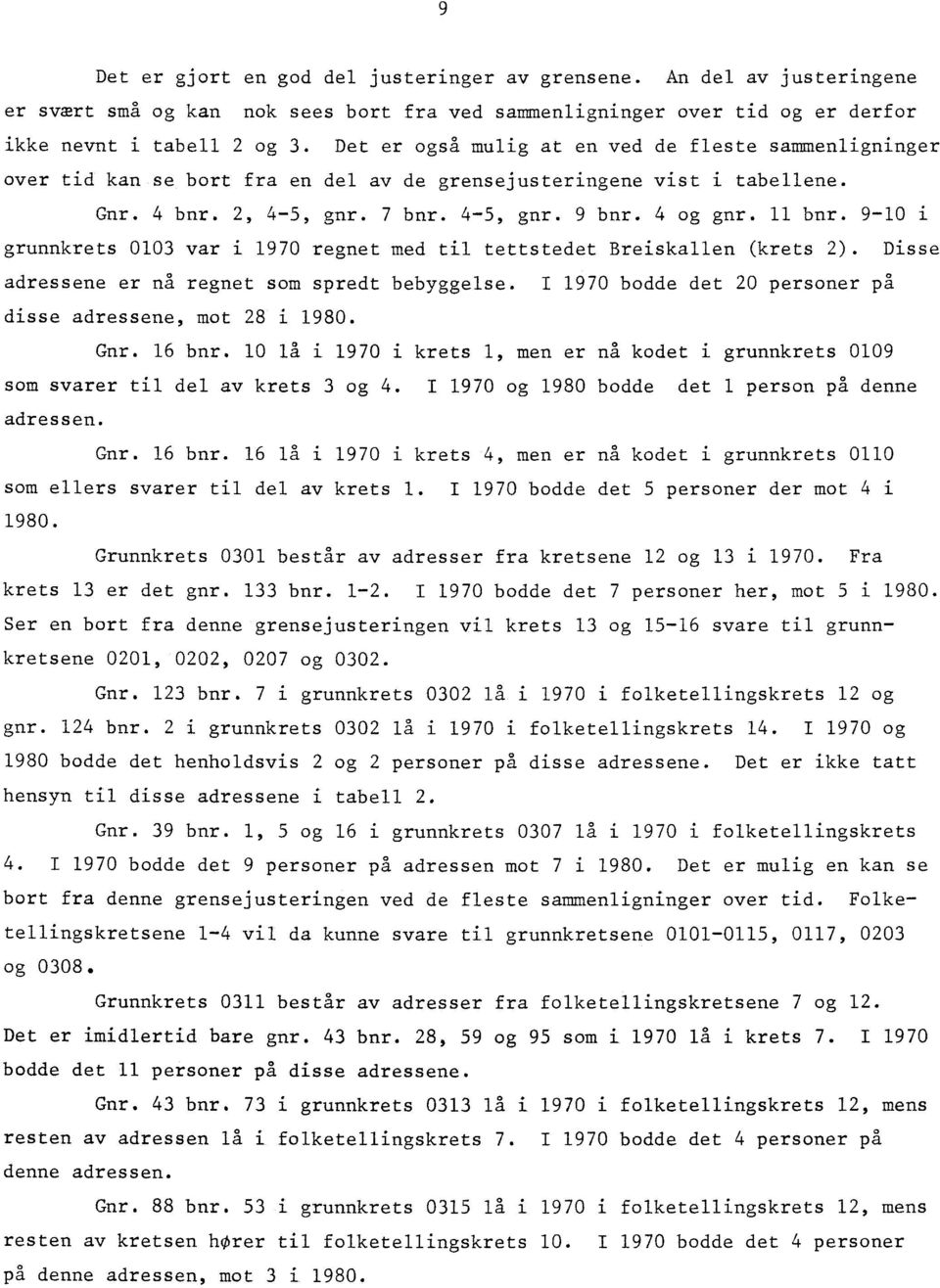 9-10 i grunnkrets 0103 var i 1970 regnet med til tettstedet Breiskallen (krets 2). Disse adressene er nå regnet som spredt bebyggelse. I 1970 bodde det 20 personer på disse adressene, mot 28 i 1980.