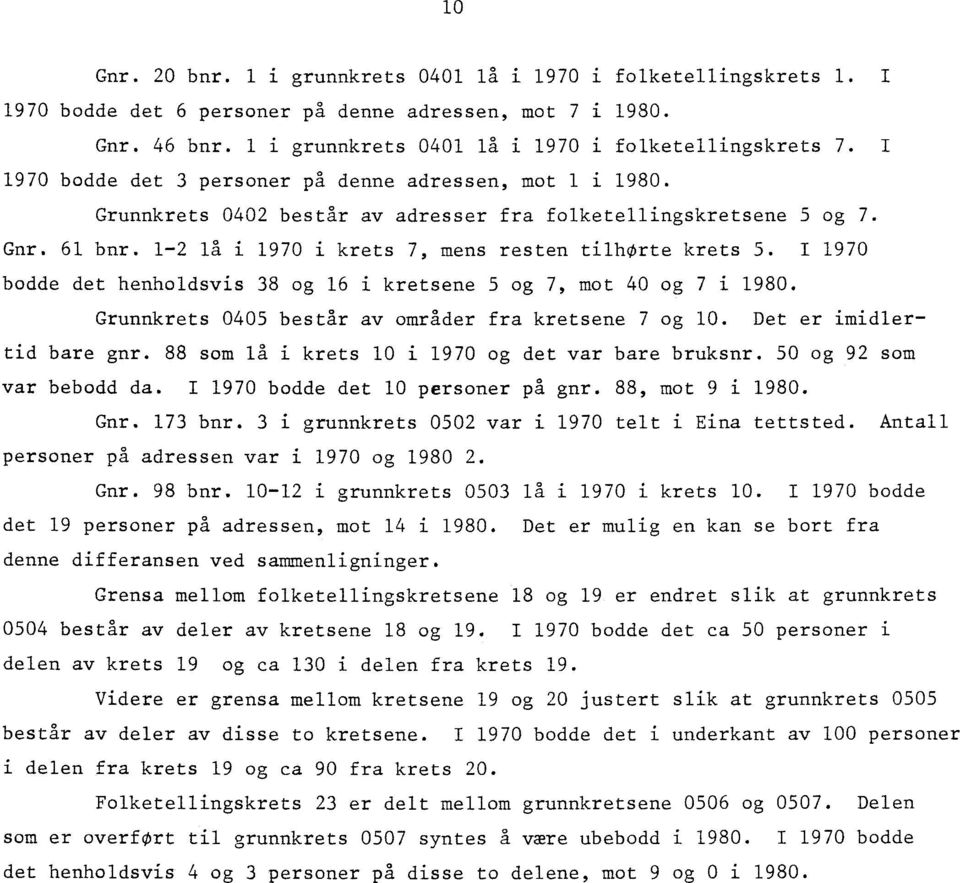 I 1970 bodde det henholdsvis 38 og 16 i kretsene 5 og 7, mot 40 og 7 i 1980. Grunnkrets 0405 består av områder fra kretsene 7 og 10. Det er imidlertid bare gnr.