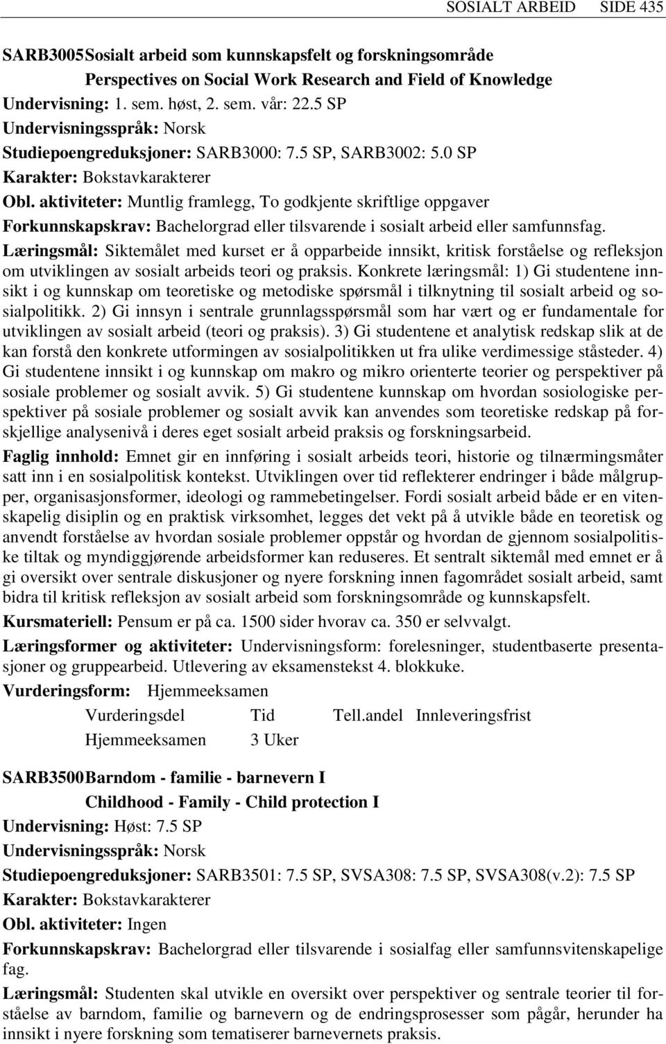 aktiviteter: Muntlig framlegg, To godkjente skriftlige oppgaver Forkunnskapskrav: Bachelorgrad eller tilsvarende i sosialt arbeid eller samfunns Læringsmål: Siktemålet med kurset er å opparbeide