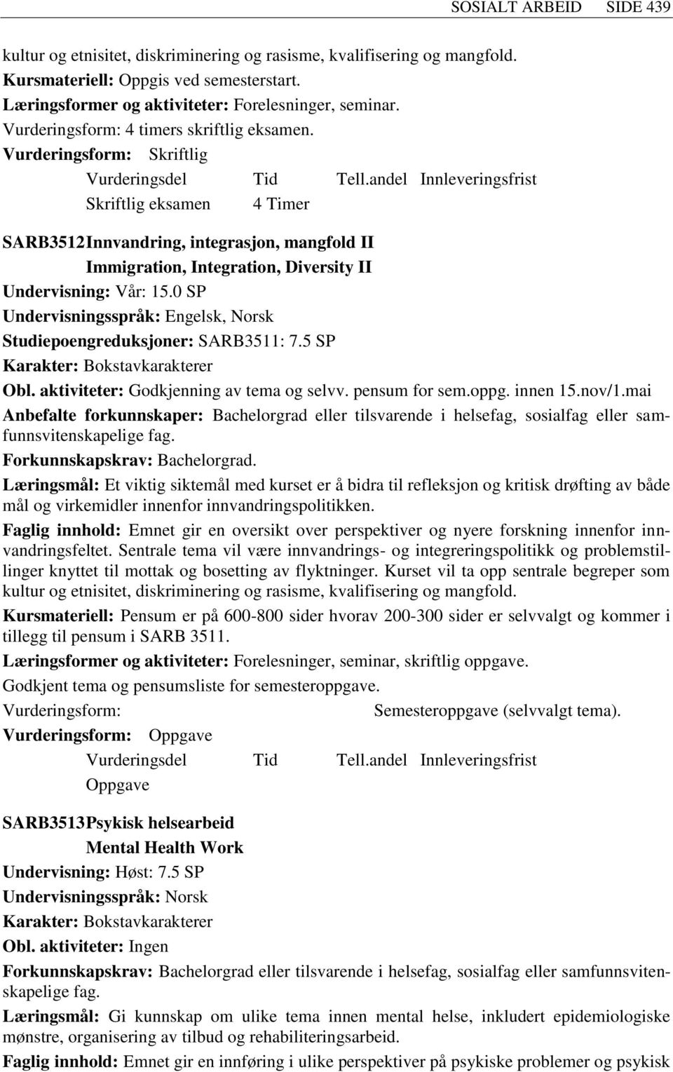 0 SP Undervisningsspråk: Engelsk, Norsk Studiepoengreduksjoner: SARB3511: 7.5 SP Obl. aktiviteter: Godkjenning av tema og selvv. pensum for sem.oppg. innen 15.nov/1.