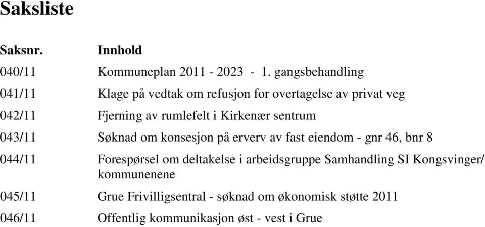 Kirkenær sentrum 043/11 Søknad om konsesjon på erverv av fast eiendom - gnr 46, bnr 8 044/11 Forespørsel om