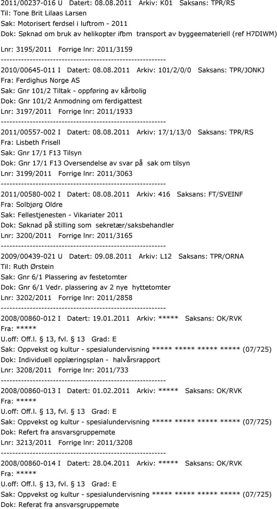 3195/2011 Forrige lnr: 2011/3159 2010/00645-011 I Datert: 08.