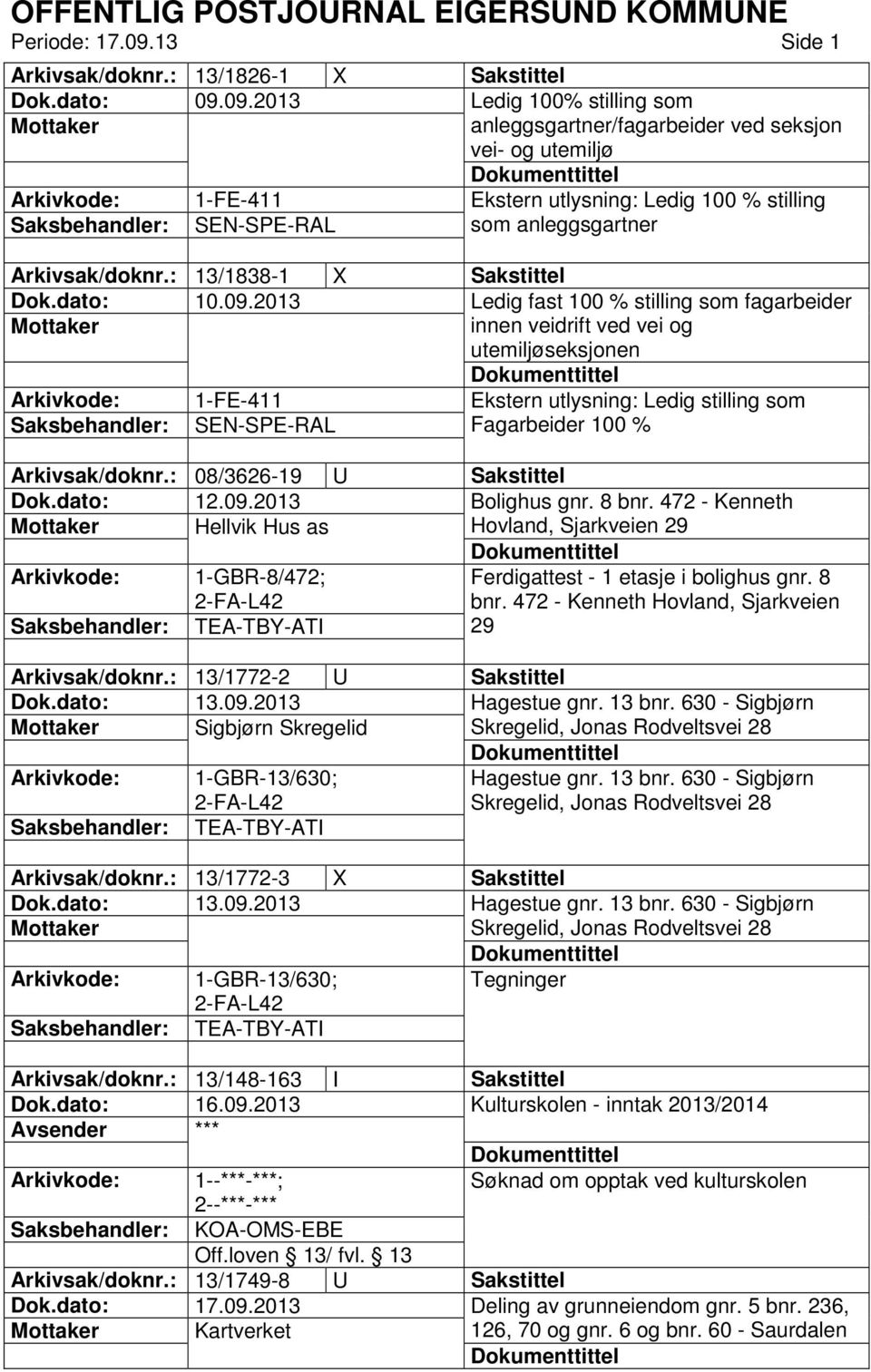 2013 Ledig fast 100 % stilling som fagarbeider innen veidrift ved vei og utemiljøseksjonen 1-FE-411 SEN-SPE-RAL Ekstern utlysning: Ledig stilling som Fagarbeider 100 % Arkivsak/doknr.