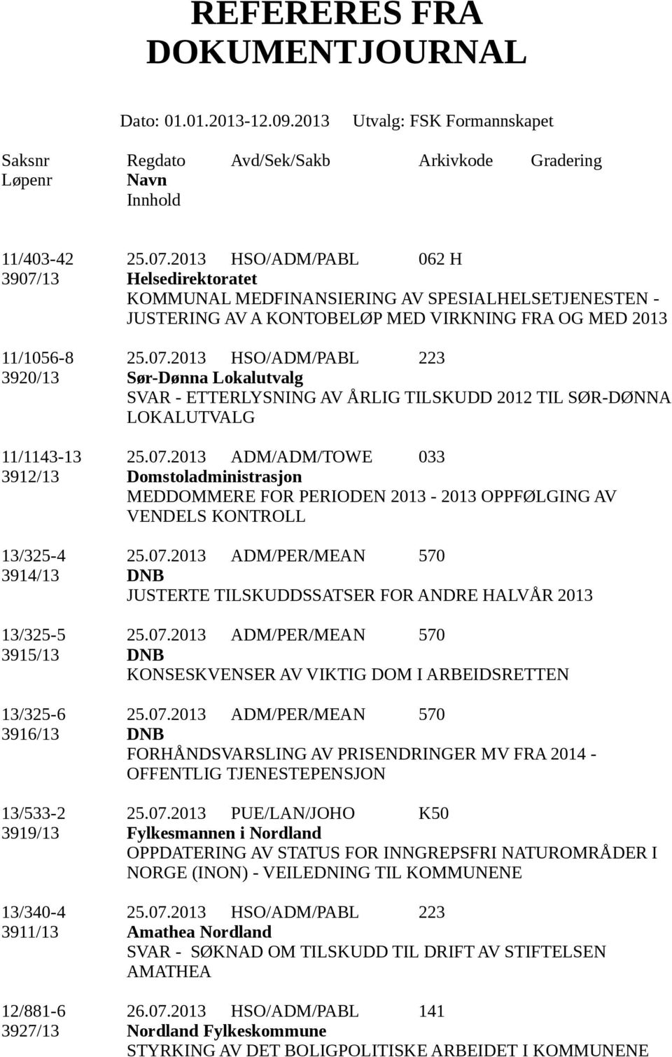 07.2013 ADM/PER/MEAN 570 3915/13 DNB KONSESKVENSER AV VIKTIG DOM I ARBEIDSRETTEN 13/325-6 25.07.2013 ADM/PER/MEAN 570 3916/13 DNB FORHÅNDSVARSLING AV PRISENDRINGER MV FRA 2014 - OFFENTLIG TJENESTEPENSJON 13/533-2 25.