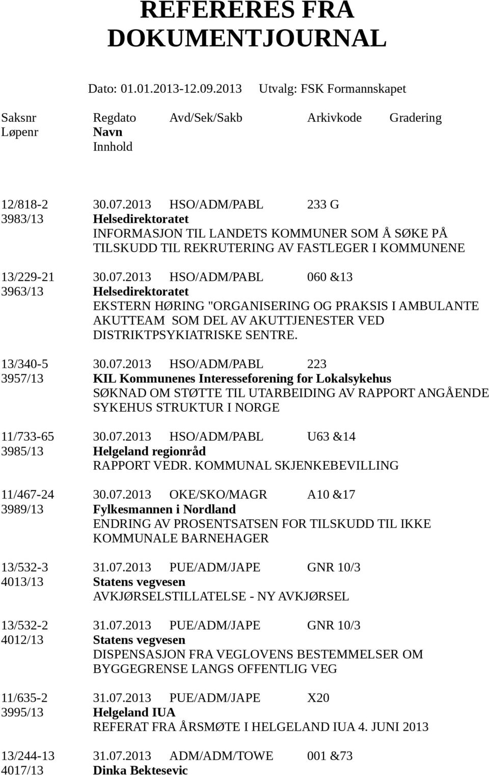 KOMMUNAL SKJENKEBEVILLING 11/467-24 30.07.2013 OKE/SKO/MAGR A10 &17 3989/13 Fylkesmannen i Nordland ENDRING AV PROSENTSATSEN FOR TILSKUDD TIL IKKE KOMMUNALE BARNEHAGER 13/532-3 31.07.2013 PUE/ADM/JAPE GNR 10/3 4013/13 Statens vegvesen AVKJØRSELSTILLATELSE - NY AVKJØRSEL 13/532-2 31.