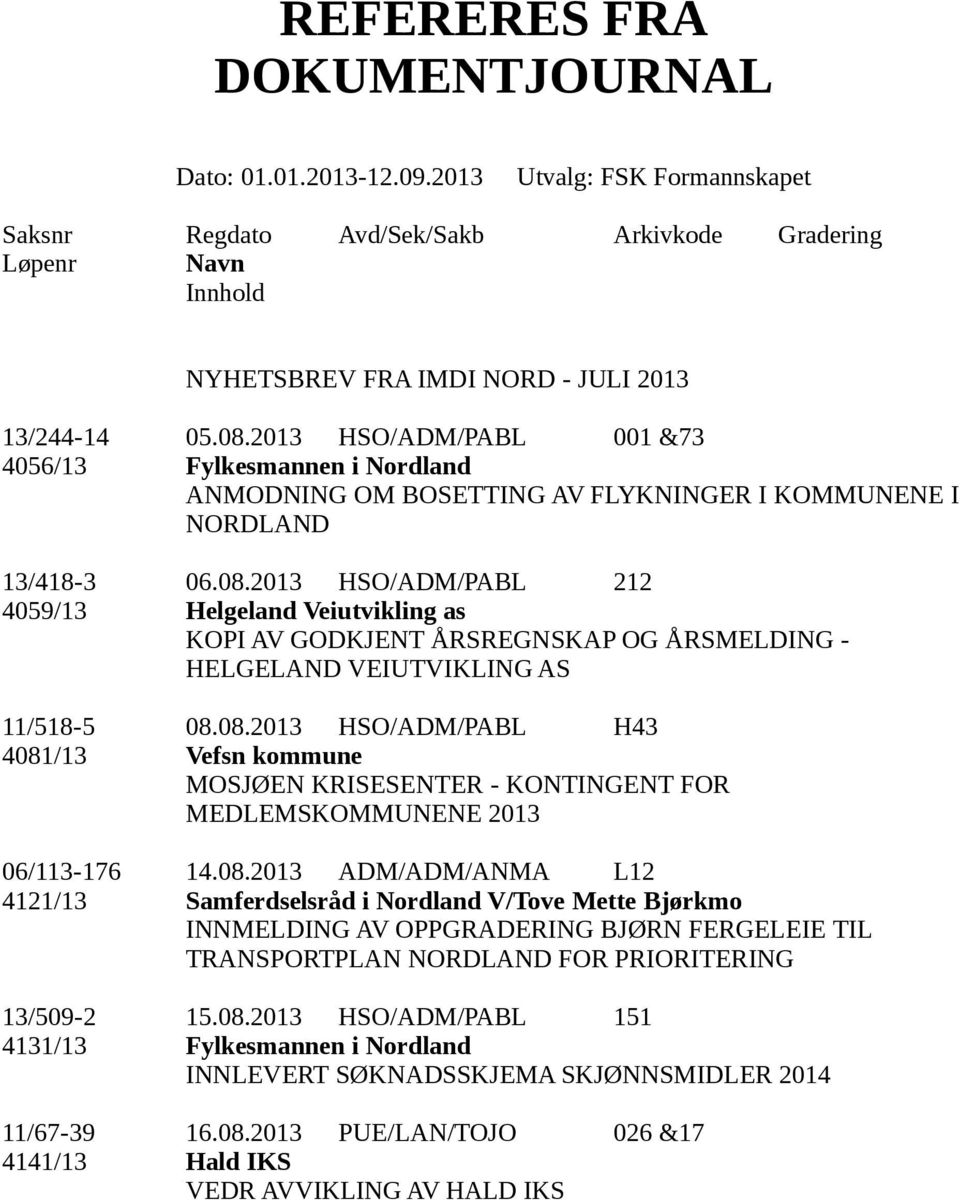 08.2013 HSO/ADM/PABL 151 4131/13 Fylkesmannen i Nordland INNLEVERT SØKNADSSKJEMA SKJØNNSMIDLER 2014 11/67-39 16.08.2013 PUE/LAN/TOJO 026 &17 4141/13 Hald IKS VEDR AVVIKLING AV HALD IKS