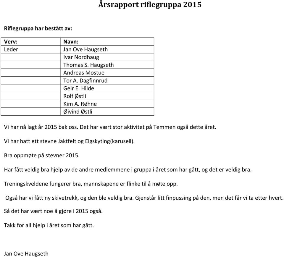 Har fått veldig bra hjelp av de andre medlemmene i gruppa i året som har gått, og det er veldig bra. Treningskveldene fungerer bra, mannskapene er flinke til å møte opp.