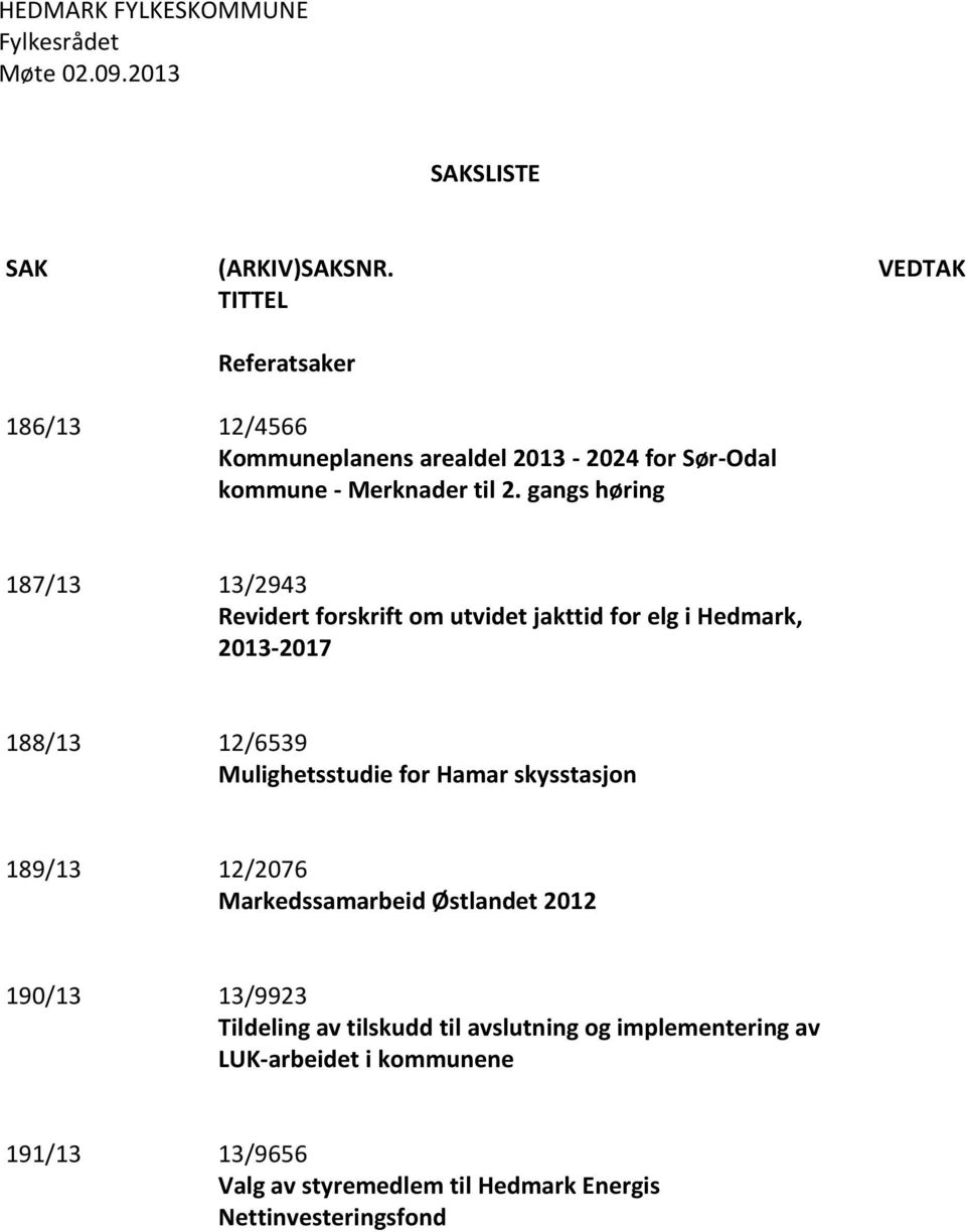 gangs høring 187/13 13/2943 Revidert forskrift om utvidet jakttid for elg i Hedmark, 2013-2017 188/13 12/6539 Mulighetsstudie for Hamar