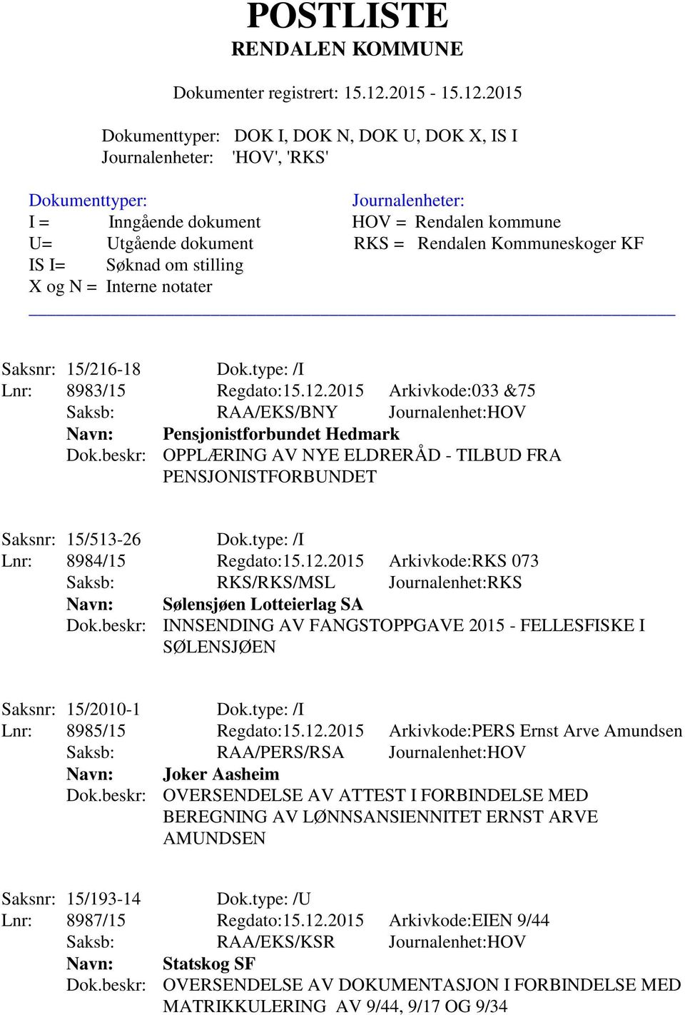 2015 Arkivkode:RKS 073 Saksb: RKS/RKS/MSL Journalenhet:RKS Navn: Sølensjøen Lotteierlag SA Dok.beskr: INNSENDING AV FANGSTOPPGAVE 2015 - FELLESFISKE I SØLENSJØEN Saksnr: 15/2010-1 Dok.