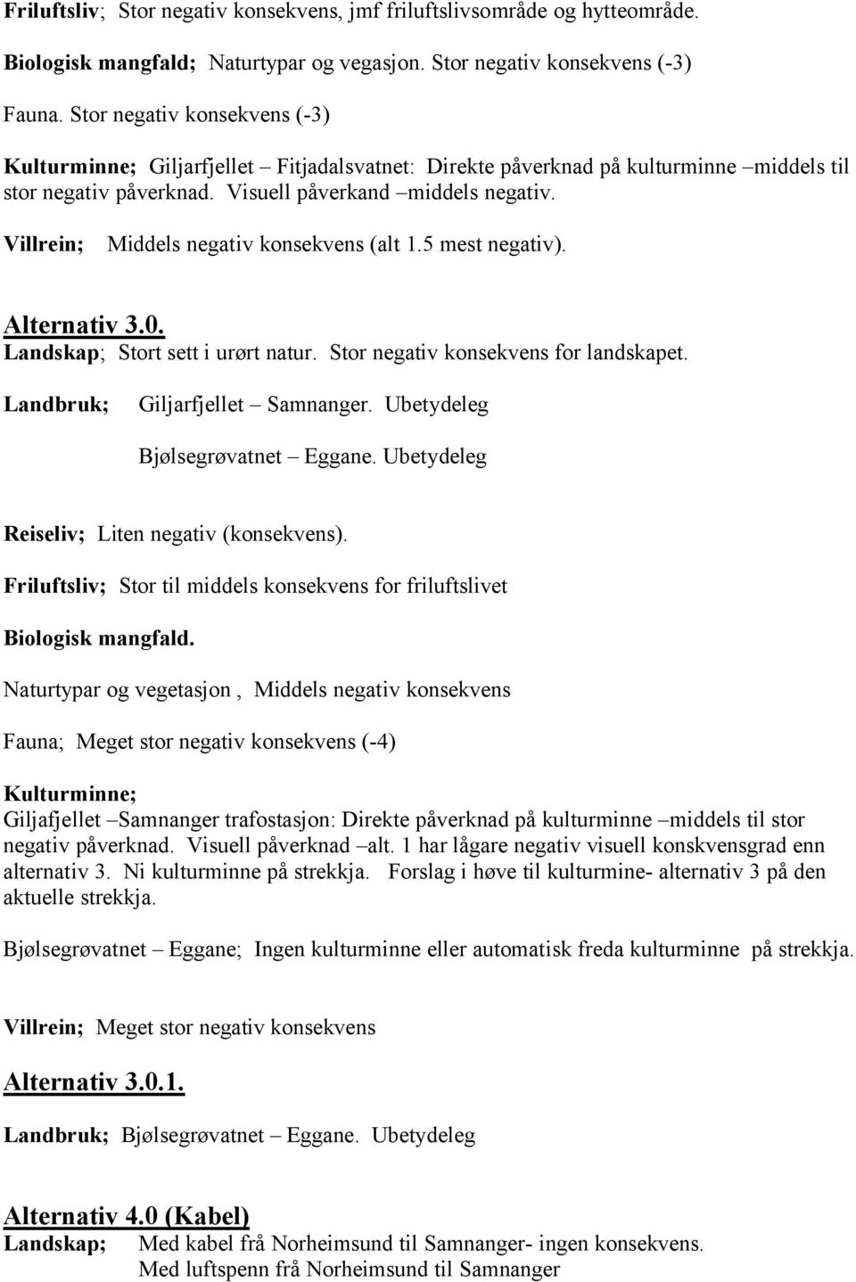 Villrein; Middels negativ konsekvens (alt 1.5 mest negativ). Alternativ 3.0. Landskap; Stort sett i urørt natur. Stor negativ konsekvens for landskapet. Landbruk; Giljarfjellet Samnanger.