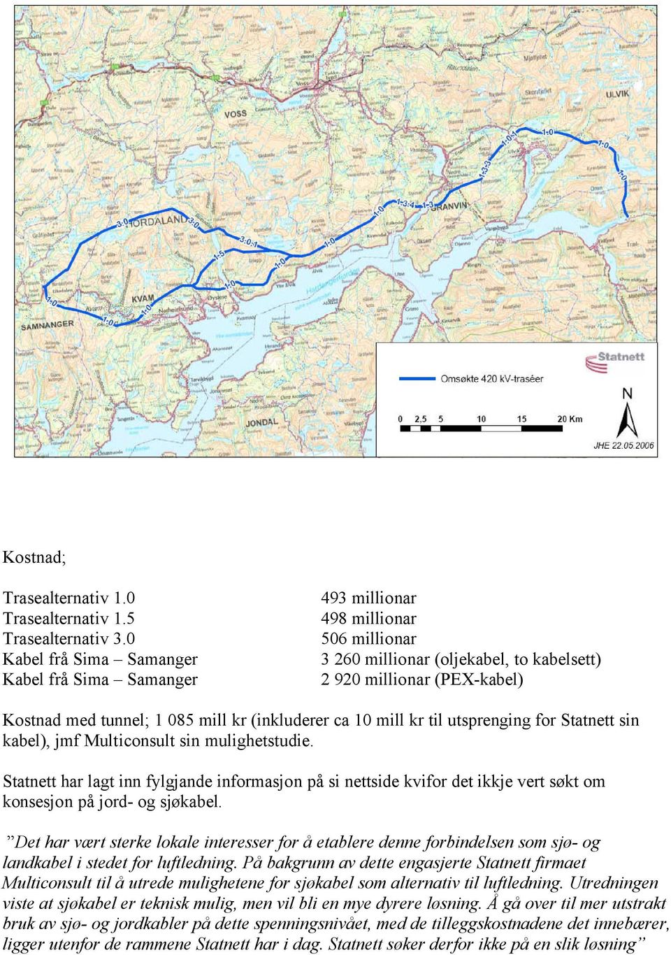 (inkluderer ca 10 mill kr til utsprenging for Statnett sin kabel), jmf Multiconsult sin mulighetstudie.