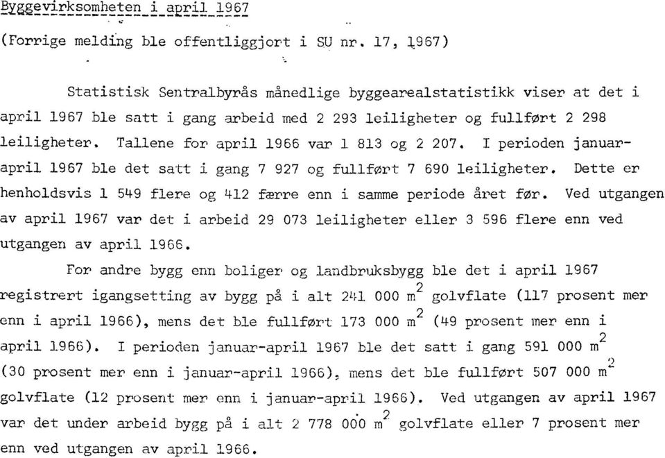 I perioden januarapril 967 ble det satt i gang 7 97 og fullført 7 690 leiligheter. Dette er henholdsvis 549 flere og 4 færre enn i samme periode året før.