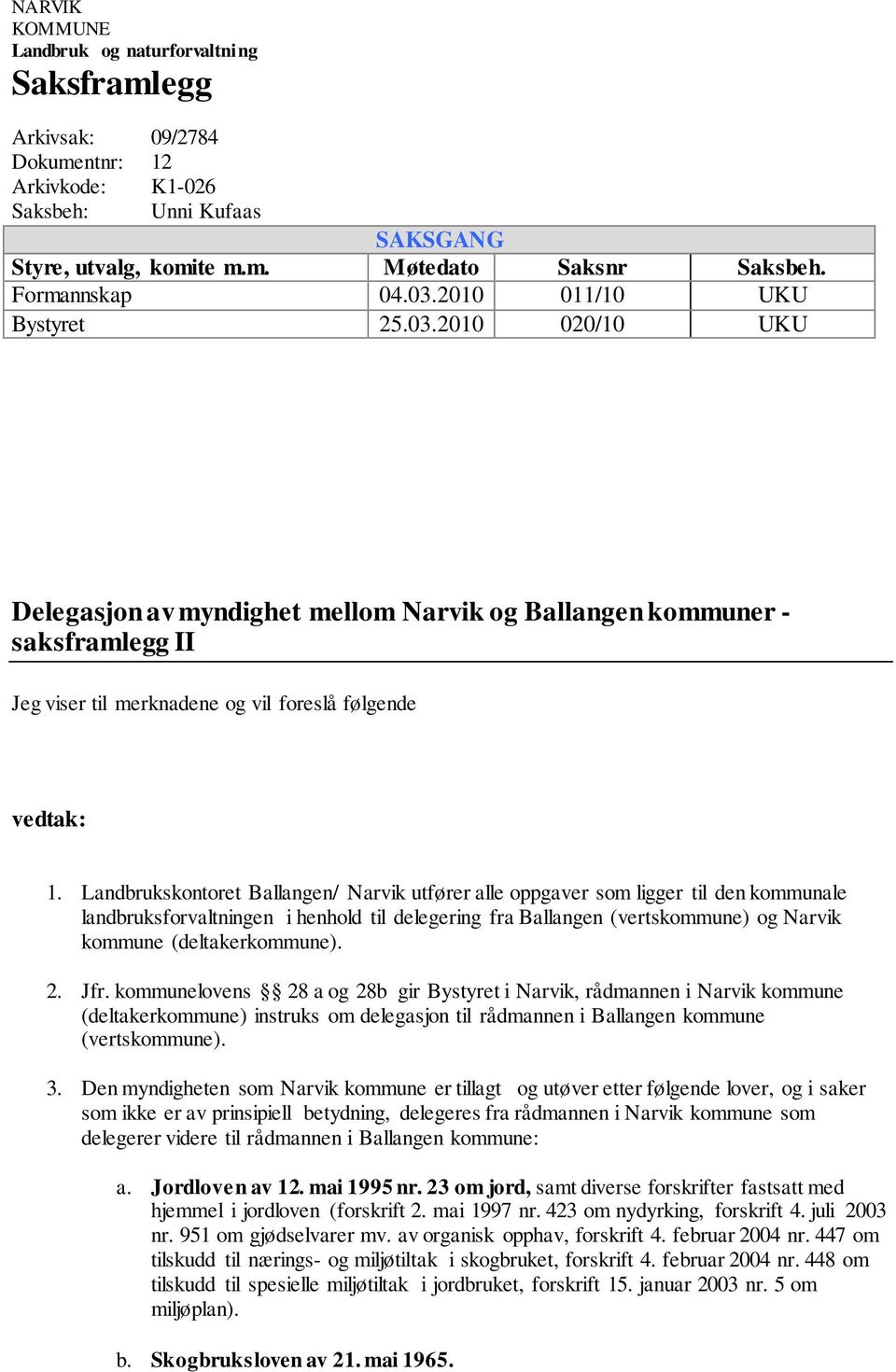 Landbrukskontoret Ballangen/ Narvik utfører alle oppgaver som ligger til den kommunale landbruksforvaltningen i henhold til delegering fra Ballangen (vertskommune) og Narvik kommune (deltakerkommune).