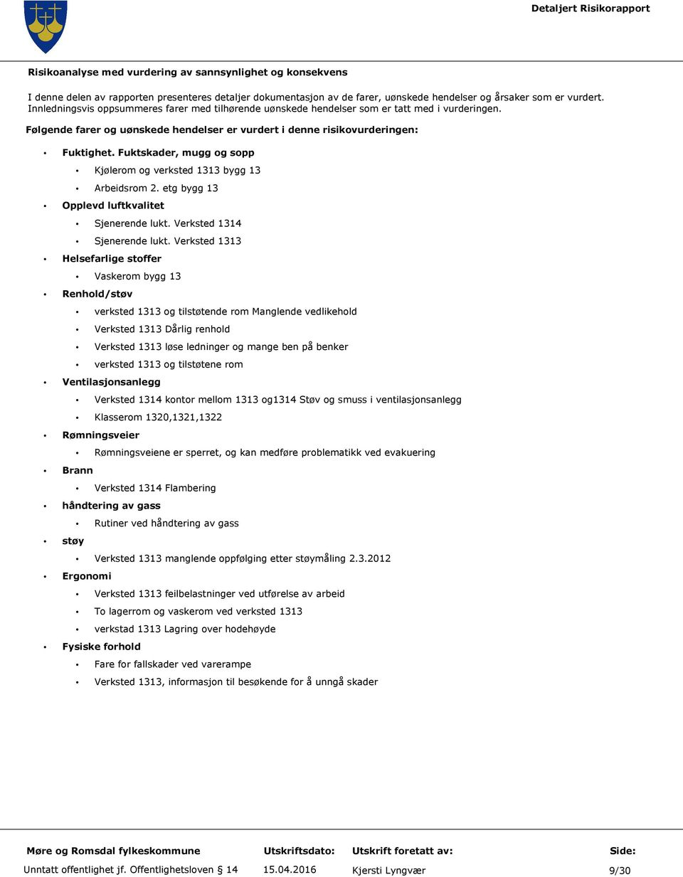 Fuktskader, mugg og sopp Kjølerom og verksted 1313 bygg 13 Arbeidsrom 2. etg bygg 13 Opplevd luftkvalitet Sjenerende lukt. Verksted 1314 Sjenerende lukt.