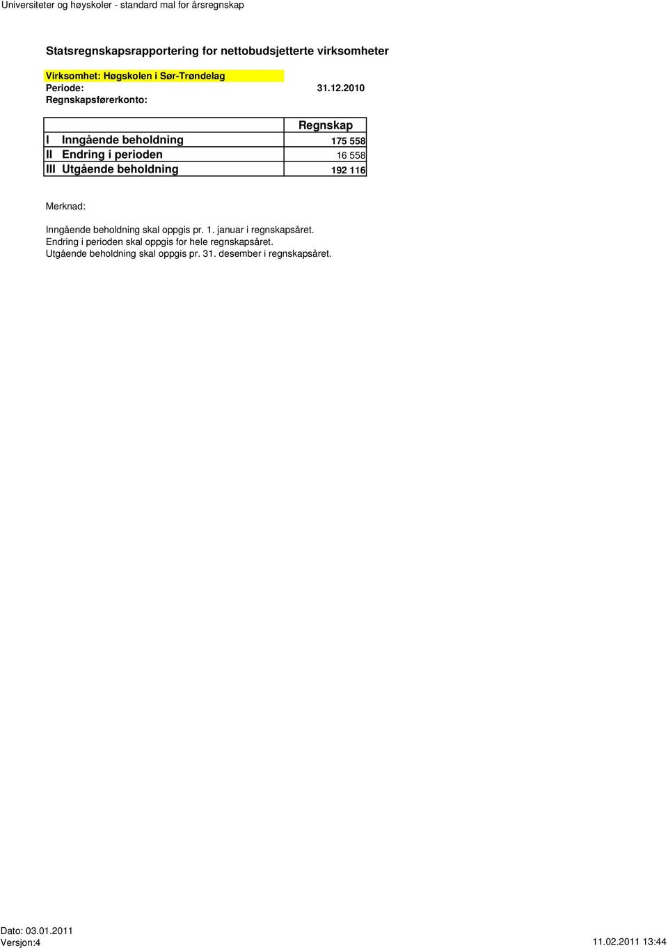 2010 Regnskapsførerkonto: Regnskap I Inngående beholdning 175 558 II Endring i perioden 16 558 III Utgående