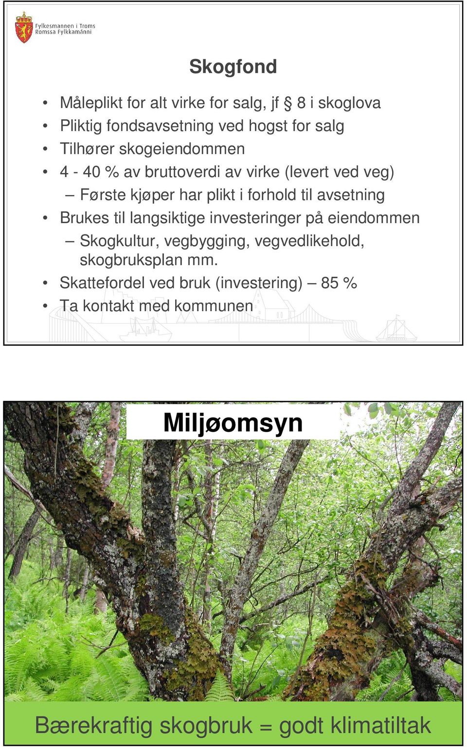 Brukes til langsiktige investeringer på eiendommen Skogkultur, vegbygging, vegvedlikehold, skogbruksplan mm.