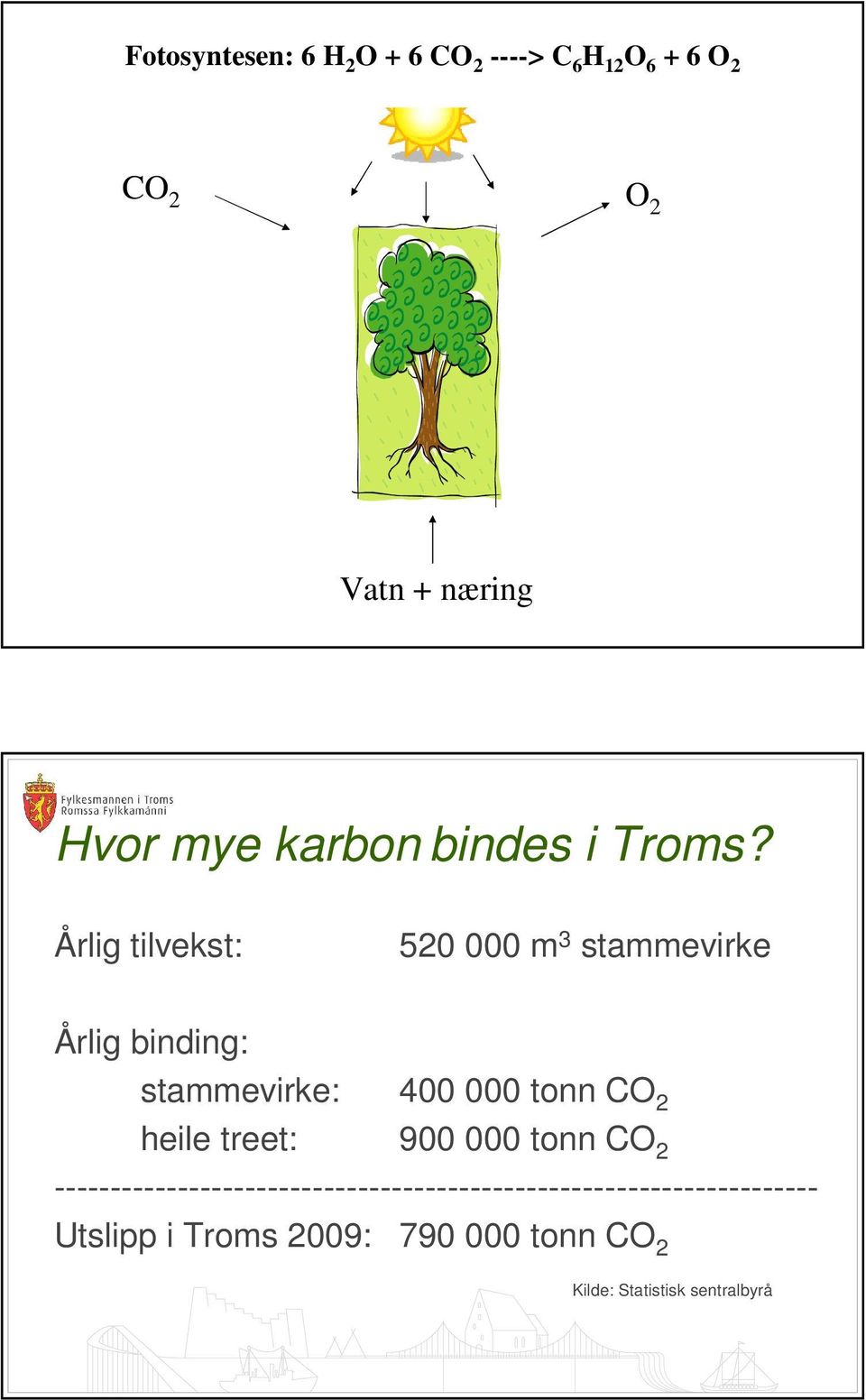 Årlig tilvekst: 520 000 m 3 stammevirke Årlig binding: stammevirke: 400 000 tonn CO 2 heile