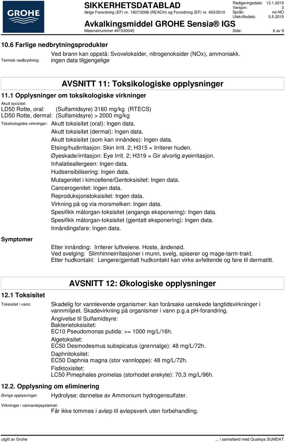 1 Opplysninger om toksikologiske virkninger Akutt toxicitet: LD50 Rotte, oral: (Sulfamidsyre) 3160 mg/kg (RTECS) LD50 Rotte, dermal: (Sulfamidsyre) > 2000 mg/kg Toksikologiske virkninger: Akutt