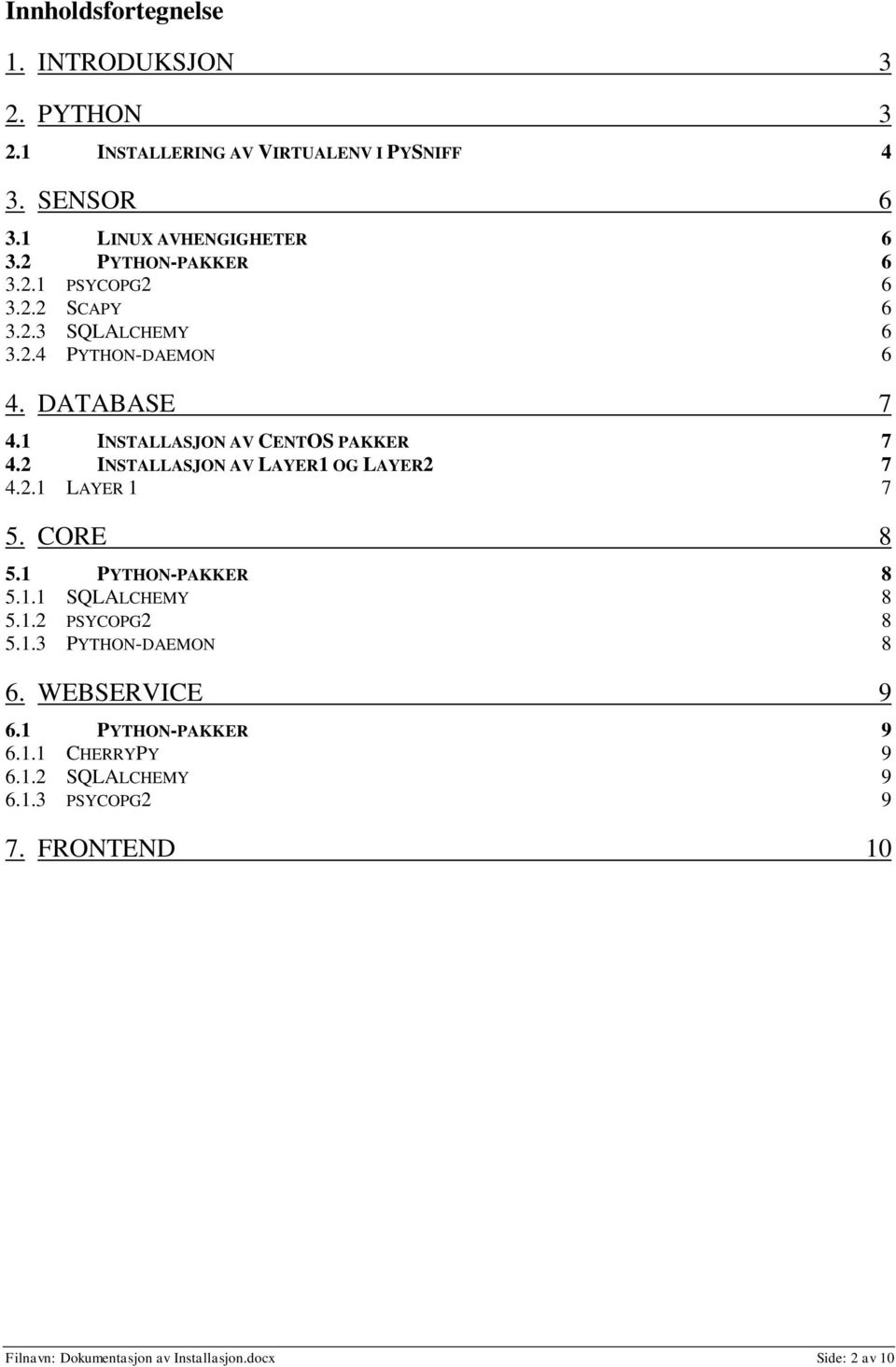 2 INSTALLASJON AV LAYER1 OG LAYER2 7 4.2.1 LAYER 1 7 5. CORE 8 5.1 PYTHON-PAKKER 8 5.1.1 SQLALCHEMY 8 5.1.2 PSYCOPG2 8 5.1.3 PYTHON-DAEMON 8 6.