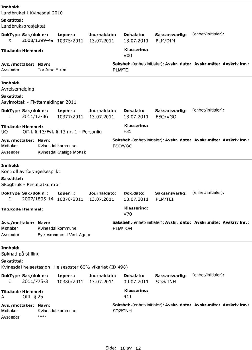 måte: Avskriv lnr.: FSO/VGO Kvinesdal Statlige Mottak Kontroll av foryngelsesplikt Skogbruk - Resultatkontroll 2007/1805-14 10378/2011 PLM/TE V70 Avs./mottaker: Navn: Saksbeh. Avskr. dato: Avskr.