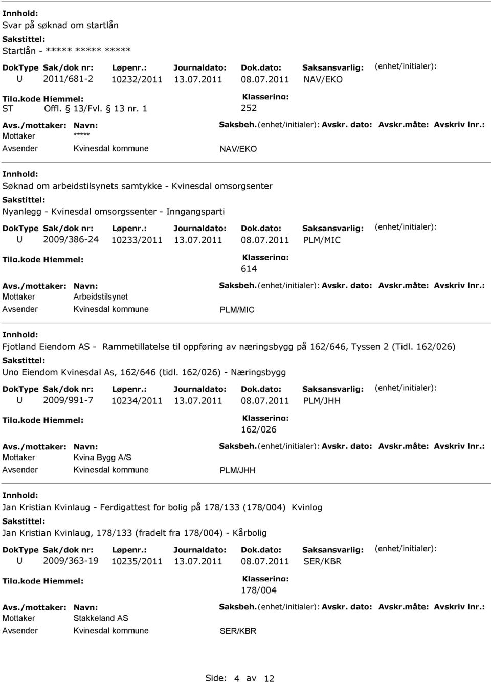 dato: Avskr.måte: Avskriv lnr.: Arbeidstilsynet PLM/MC Fjotland Eiendom AS - Rammetillatelse til oppføring av næringsbygg på 162/646, Tyssen 2 (Tidl. 162/026) no Eiendom Kvinesdal As, 162/646 (tidl.