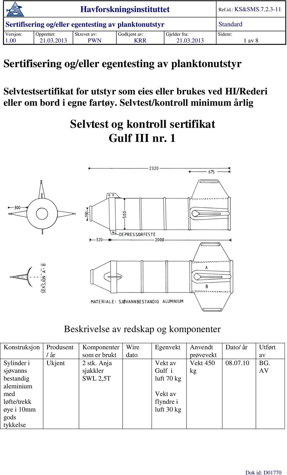 2013 Standard Sidenr: 1 8 Selvtestsertifikat for utstyr som eies eller brukes ved HI/Rederi