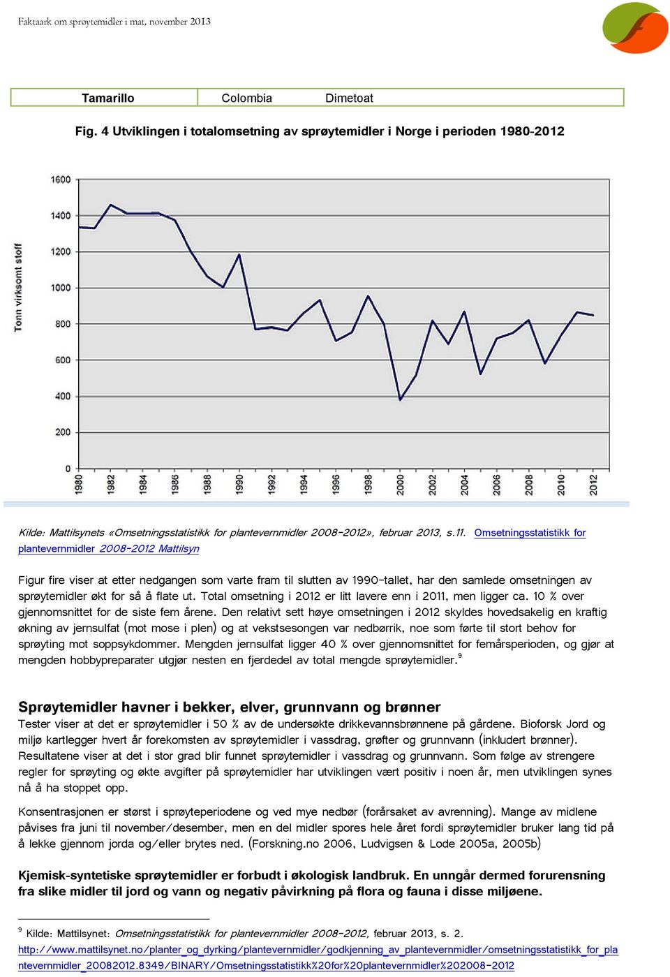 Omsetningsstatistikk for plantevernmidler 2008-2012 Mattilsyn Figur fire viser at etter nedgangen som varte fram til slutten av 1990-tallet, har den samlede omsetningen av sprøytemidler økt for så å