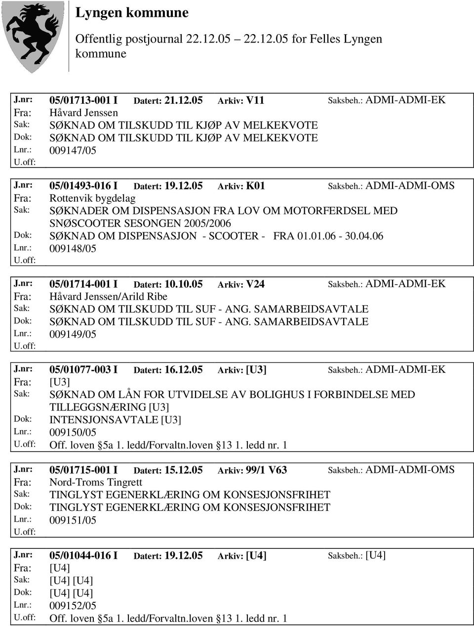 : ADMI-ADMI-OMS Fra: Rottenvik bygdelag Sak: SØKNADER OM DISPENSASJON FRA LOV OM MOTORFERDSEL MED SNØSCOOTER SESONGEN 2005/2006 Dok: SØKNAD OM DISPENSASJON - SCOOTER - FRA 01.01.06-30.04.06 Lnr.