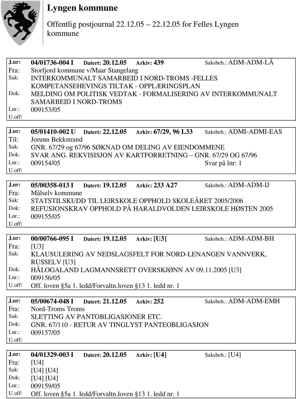 INTERKOMMUNALT SAMARBEID I NORD-TROMS Lnr.: 009153/05 J.nr: 05/01410-002 U Datert: 22.12.05 Arkiv: 67/29, 96 L33 Saksbeh.: ADMI-ADMI-EAS Til: Jorunn Bekkstrand Sak: GNR.