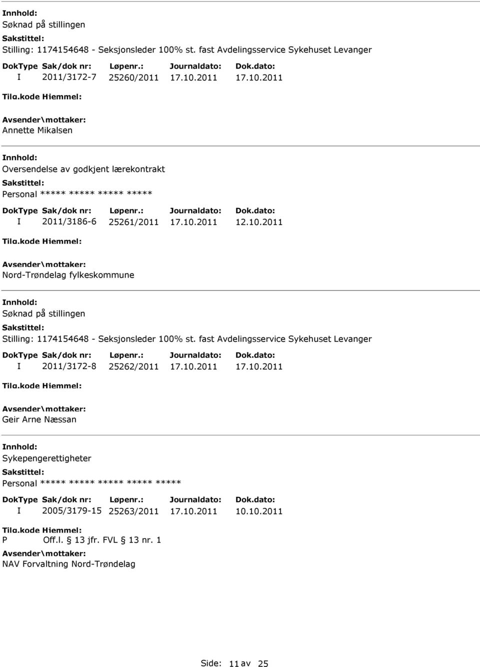 25261/2011 Nord-Trøndelag fylkeskommune  fast Avdelingsservice Sykehuset Levanger 2011/3172-8 25262/2011 Geir Arne Næssan