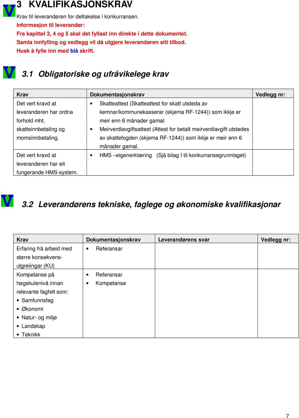 1 Obligatoriske og ufråvikelege krav Krav Dokumentasjonskrav Vedlegg nr: Det vert kravd at leverandøren har ordna forhold mht.