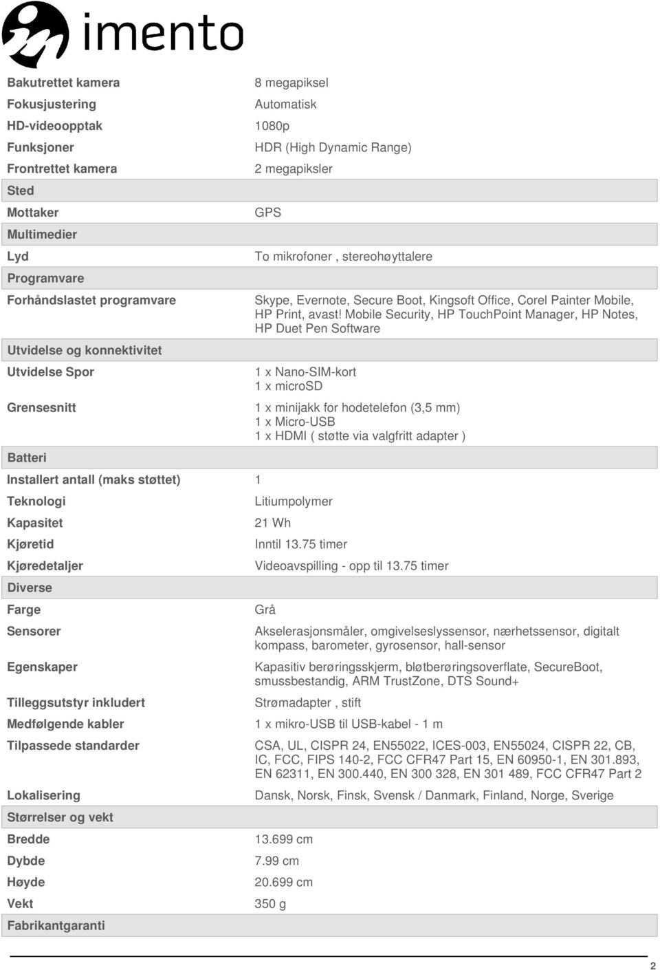 Lokalisering Størrelser og vekt Bredde Dybde Høyde Vekt Fabrikantgaranti 8 megapiksel Automatisk 1080p HDR (High Dynamic Range) 2 megapiksler GPS To mikrofoner, stereohøyttalere Skype, Evernote,