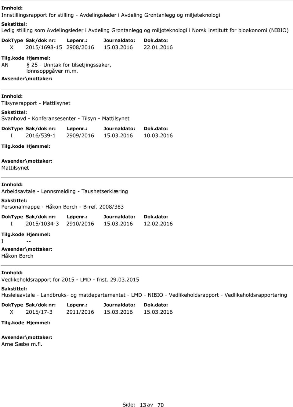 2016 Mattilsynet nnhold: Arbeidsavtale - Lønnsmelding - Taushetserklæring Personalmappe - Håkon Borch - B-ref. 2008/383 2015/1034-3 2910/2016 12.02.