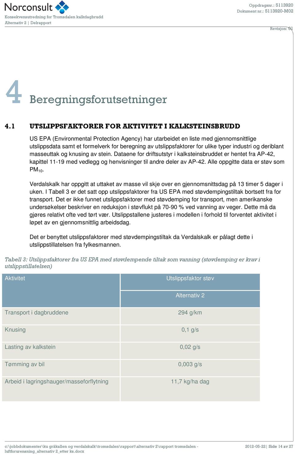 utslippsfaktorer for ulike typer industri og deriblant masseuttak og knusing av stein.