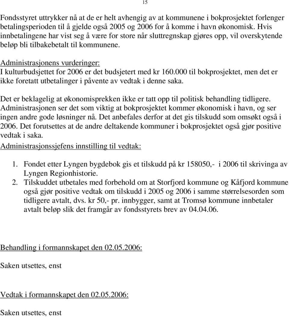 Administrasjonens vurderinger: I kulturbudsjettet for 2006 er det budsjetert med kr 160.000 til bokprosjektet, men det er ikke foretatt utbetalinger i påvente av vedtak i denne saka.