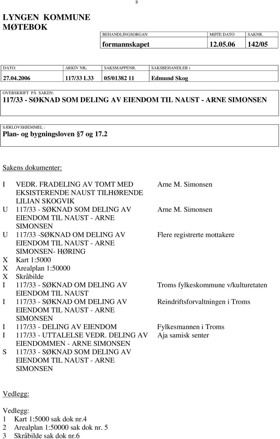 2 Sakens dokumenter: I VEDR. FRADELING AV TOMT MED Arne M. Simonsen EKSISTERENDE NAUST TILHØRENDE LILIAN SKOGVIK U 117/33 - SØKNAD SOM DELING AV Arne M.