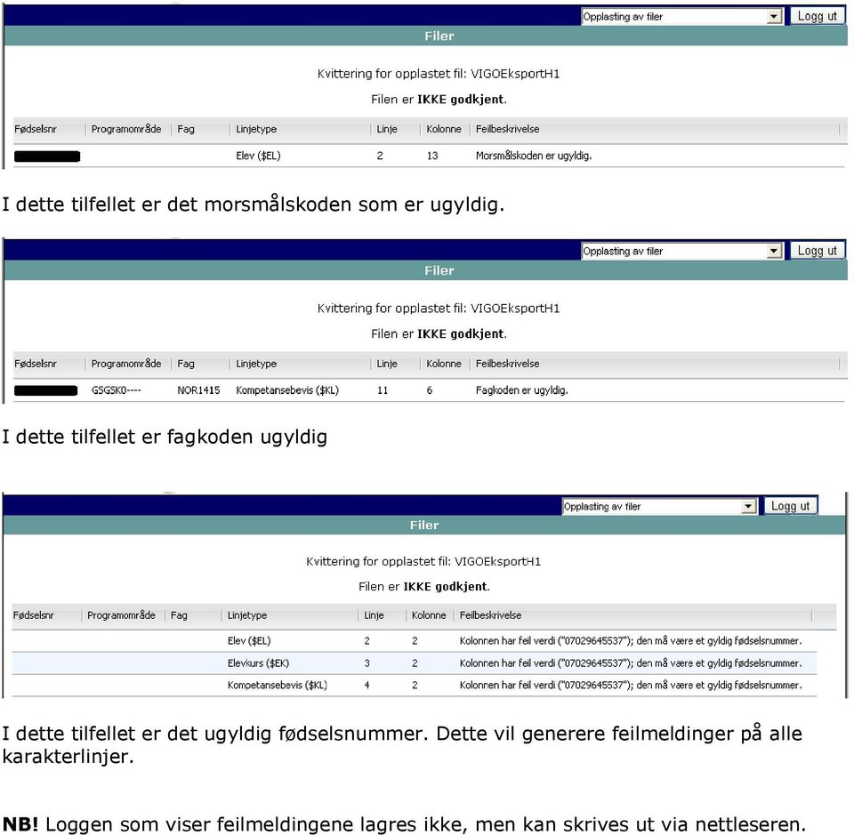 fødselsnummer. Dette vil generere feilmeldinger på alle karakterlinjer.