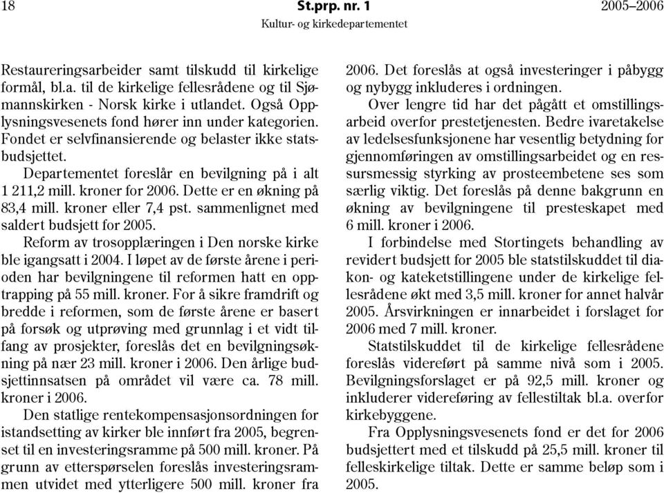 Dette er en økning på 83,4 mill. kroner eller 7,4 pst. sammenlignet med saldert budsjett for 2005. Reform av trosopplæringen i Den norske kirke ble igangsatt i 2004.