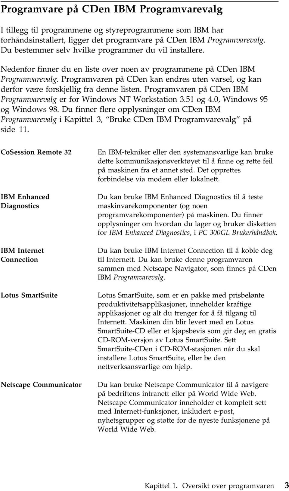 Programvaren på CDen kan endres uten varsel, og kan derfor være forskjellig fra denne listen. Programvaren på CDen IBM Programvarevalg er for Windows NT Workstation 3.51 og 4.