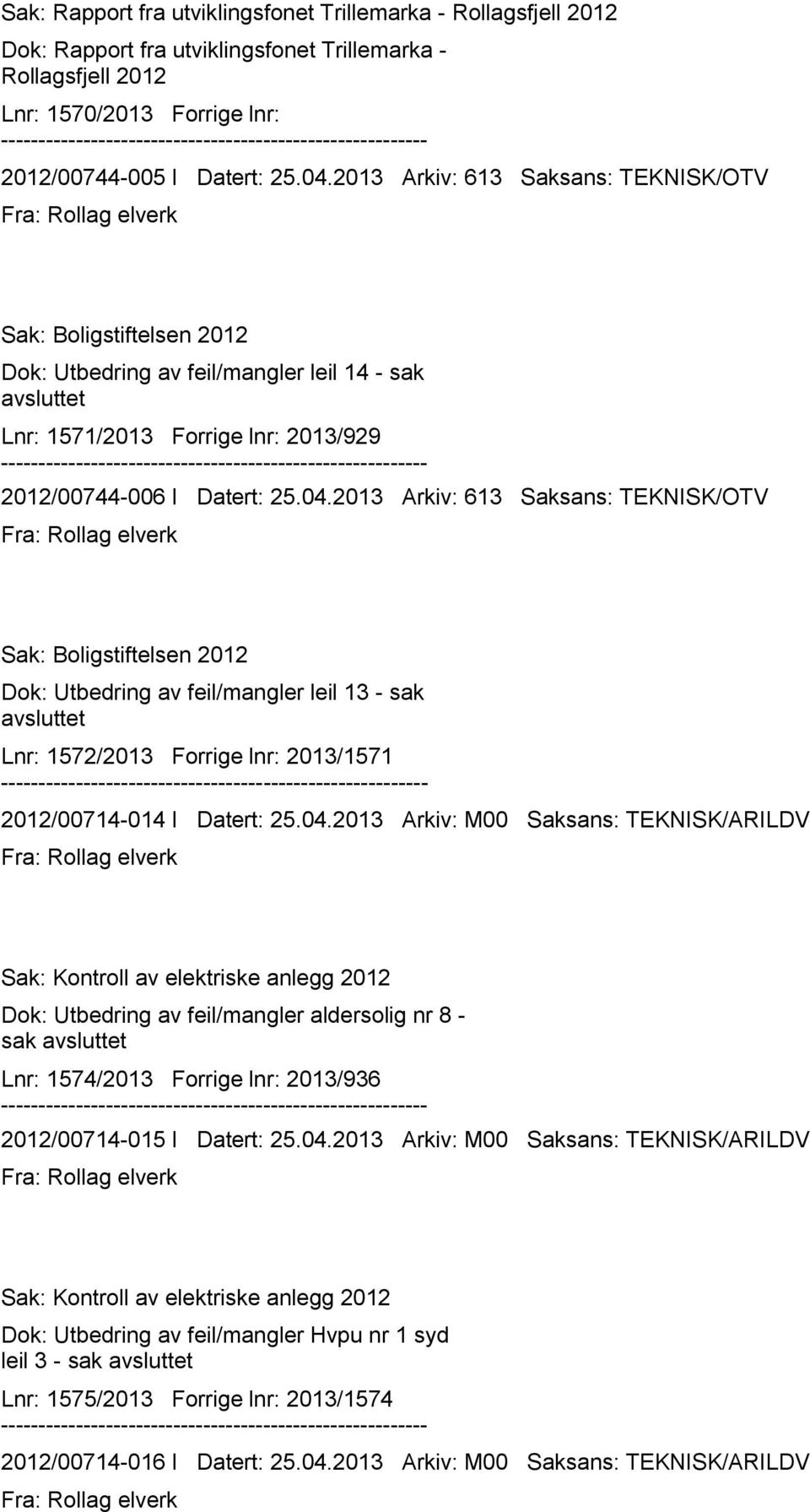 2013 Arkiv: 613 Saksans: TEKNISK/OTV Sak: Boligstiftelsen 2012 Dok: Utbedring av feil/mangler leil 13 - sak avsluttet Lnr: 1572/2013 Forrige lnr: 2013/1571 2012/00714-014 I Datert: 25.04.