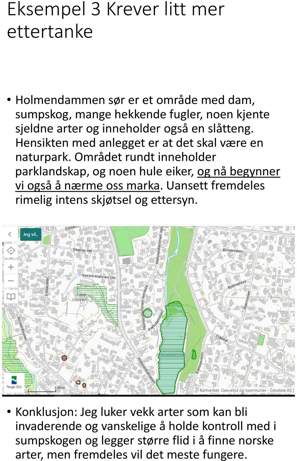 Området rundt inneholder parklandskap, og noen hule eiker, og nå begynner vi også å nærme oss marka.