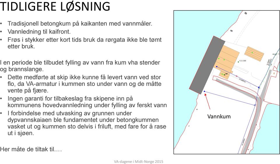 Dette medførte at skip ikke kunne få levert vann ved stor flo, da VA-armatur i kummen sto under vann og de måtte vente på fjære.